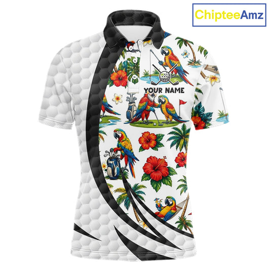 Tropical White And Black Golf Ball Polo Golf Shirts For Men Custom Parrot Golf Team Attire NYN3175