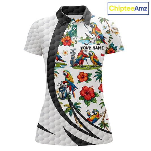 Tropical White And Black Golf Ball Polo Golf Shirts For Women Custom Parrot Golf Team Attire NYN3175