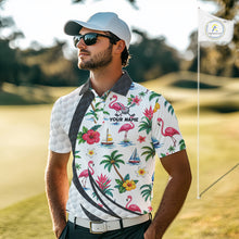 Load image into Gallery viewer, Tropical White And Black Golf Ball Polo Golf Shirts For Men Custom Flamingo Golf Team Attire NYN3176