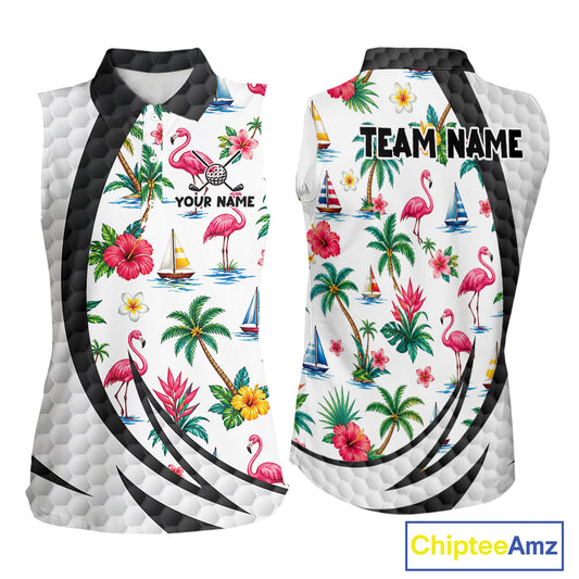 Tropical White And Black Golf Ball Sleeveless Polo Golf Shirts For Women Custom Flamingo Golf Attire NYN3176