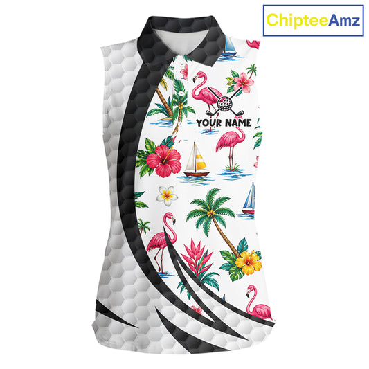 Tropical White And Black Golf Ball Sleeveless Polo Golf Shirts For Women Custom Flamingo Golf Attire NYN3176