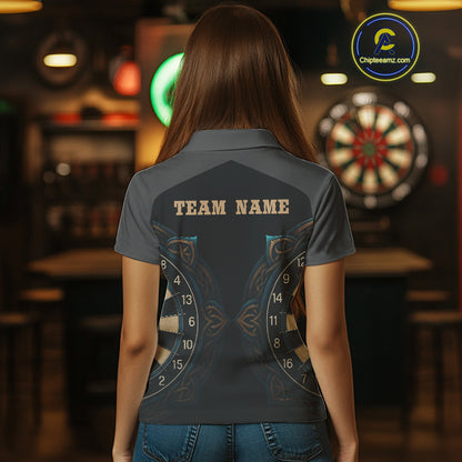 Vintage Blue Gold Celtic Dartboard Women's Darts Shirt - Custom Name For Players NYN0424