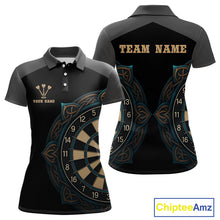 Load image into Gallery viewer, Vintage Blue Gold Celtic Dartboard Women's Darts Shirt - Custom Name For Players NYN0424