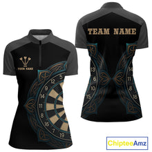 Load image into Gallery viewer, Vintage Blue Gold Celtic Dartboard Women's Darts Shirt - Custom Name For Players NYN0424