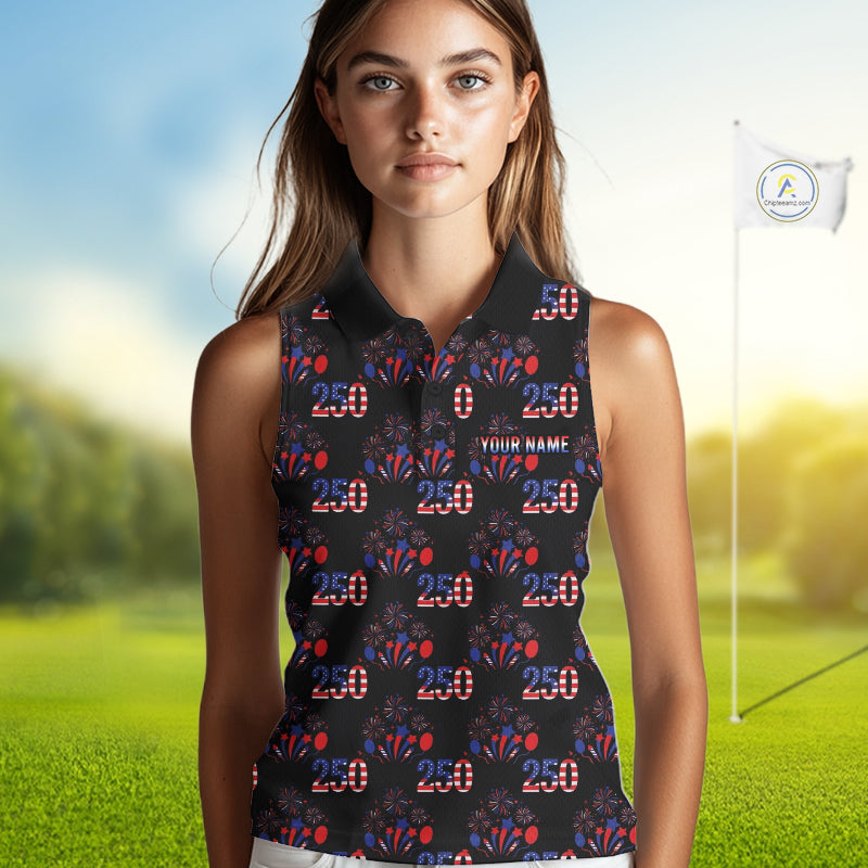 USA Anniversary Womens Golf Sleeveless Polo Shirt Custom Golf Pattern Patriotic Golf Tops |Black NYN3389