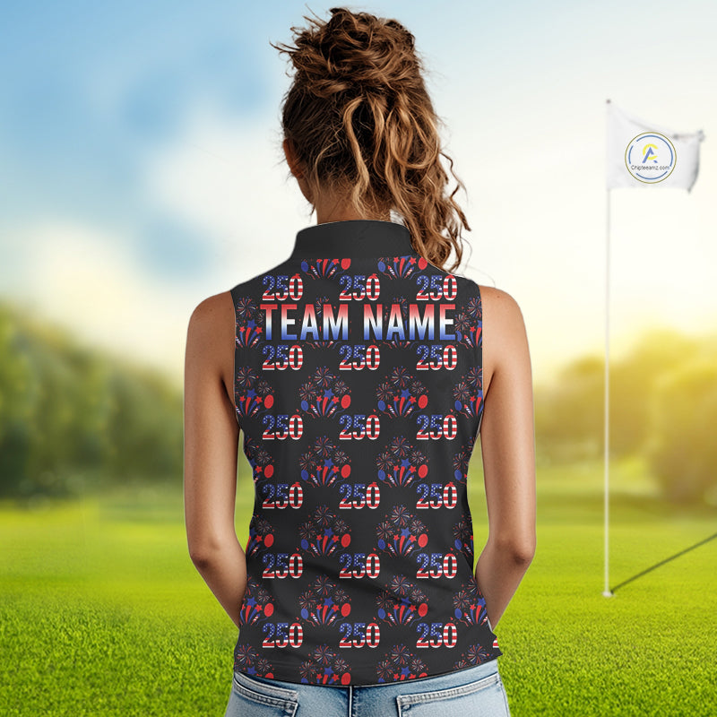 USA Anniversary Womens Golf Sleeveless Polo Shirt Custom Golf Pattern Patriotic Golf Tops |Black NYN3389