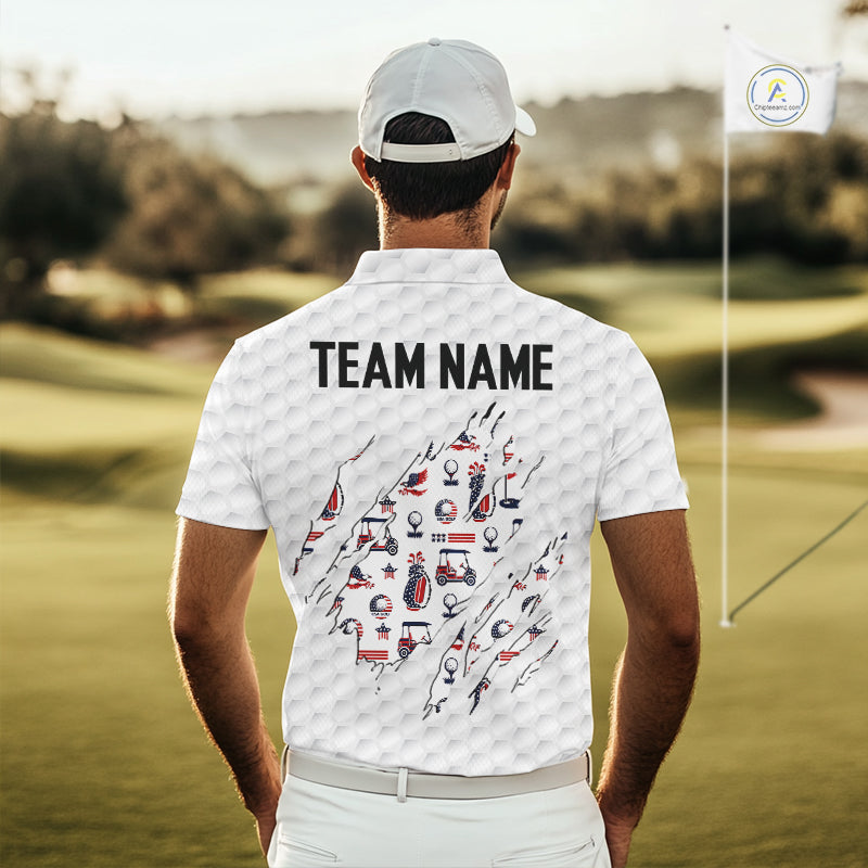 USA Anniversary Mens Golf Polo Shirt Custom White Golf Ball Pattern Patriotic Golf Tops NYN3392