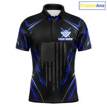 Load image into Gallery viewer, Men's patriotic billiard polo featuring black and blue American flag with glowing 8 ball graphics, personalized performance apparel for veterans, law enforcement supporters, APA leagues and patriotic pool players, representing freedom and honor.