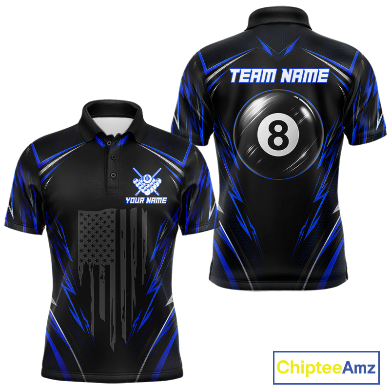 Men's patriotic billiard polo featuring black and blue American flag with glowing 8 ball graphics, personalized performance apparel for veterans, law enforcement supporters, APA leagues and patriotic pool players, representing freedom and honor.