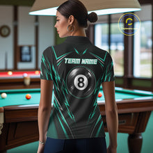 Load image into Gallery viewer, Female player wearing black green patriotic billiard jersey, expressing confidence, resilience, teamwork and American values.