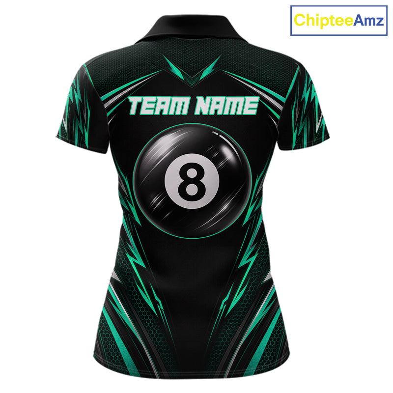 Women's billiard polo with black green patriotic flag and 8 ball artwork, personalized league jersey for APA tournaments, billiard clubs and competitive sports teams.