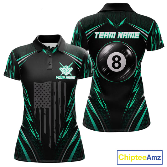 Women's billiard polo with black green patriotic flag and 8 ball artwork, personalized league jersey for APA tournaments, billiard clubs and competitive sports teams.