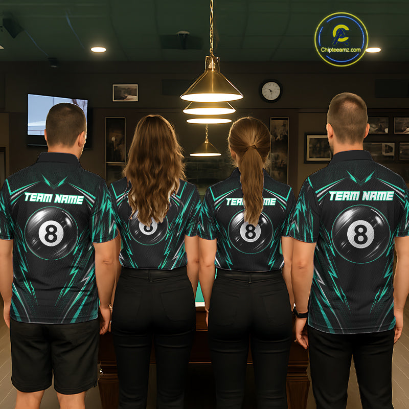 Men women pool team wearing matching black green patriotic billiard jerseys for league championships, representing unity, growth, determination and sportsmanship.