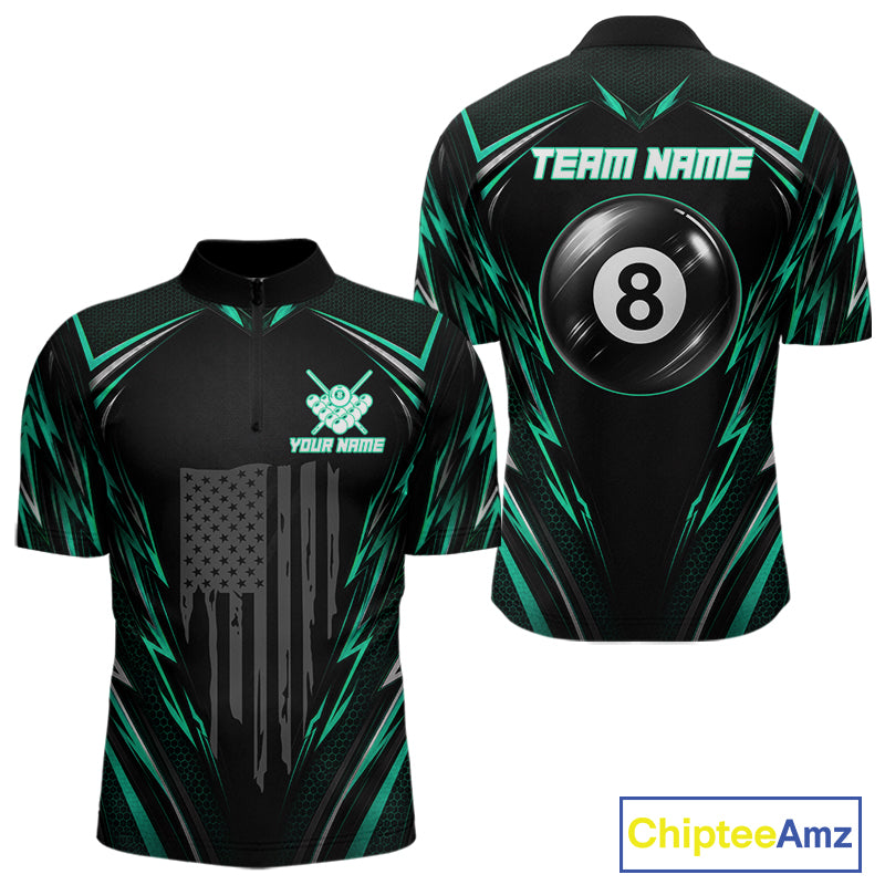 Men's quarter-zip billiard jersey featuring black green patriotic flag with illuminated 8 ball artwork, personalized tournament apparel for competitive players and billiard clubs, representing confidence, teamwork and American values.
