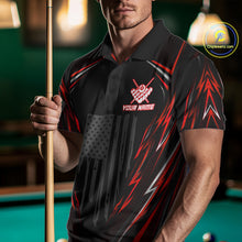 Load image into Gallery viewer, Male billiard player wearing black red patriotic jersey during professional tournament, premium billiard apparel for competitive athletes, patriotic Americans and Father's Day gifts, representing strength, courage and leadership.