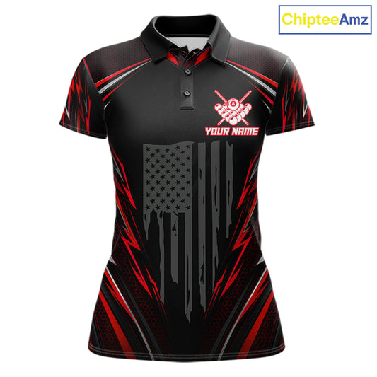 Women's billiard polo with black red American flag and realistic 8 ball artwork, premium performance shirt for APA leagues, billiard tournaments and patriotic events.