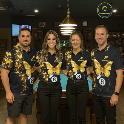 Men women billiard team wearing matching black gold butterfly jerseys for tournaments, symbolizing unity, sophistication, success and championship spirit.