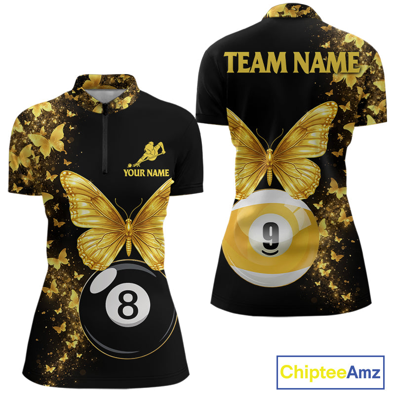 Women's quarter-zip billiard jersey featuring black gold butterflies with glowing billiard balls, elegant performance apparel for APA teams and billiard championships.