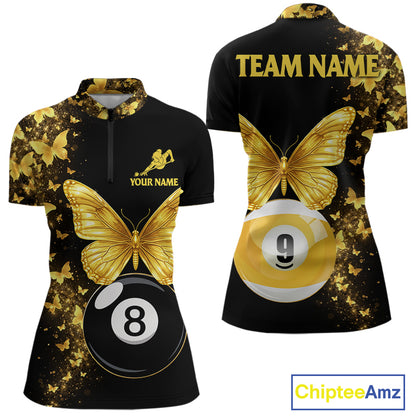 Women's quarter-zip billiard jersey featuring black gold butterflies with glowing billiard balls, elegant performance apparel for APA teams and billiard championships.
