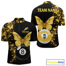 Load image into Gallery viewer, Men's quarter-zip billiard jersey featuring elegant black gold butterflies and billiard ball artwork, custom performance apparel for APA leagues, luxury fashion lovers and championship tournaments, representing excellence and sophistication.