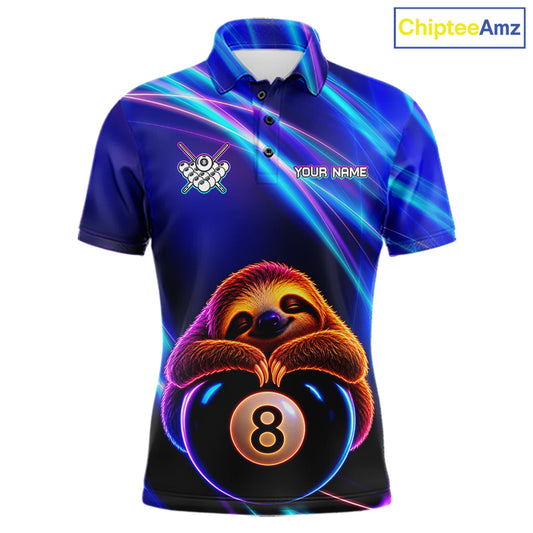 Men's funny billiard polo featuring blue neon sloth with glowing 8 ball graphics, personalized performance apparel for APA leagues, casual pool players, animal lovers and Father's Day gifts, symbolizing relaxation and positive energy.