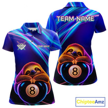 Load image into Gallery viewer, Women's funny billiard polo featuring blue neon sloth and realistic 8 ball artwork, custom pool shirt for league play, billiard gifts and relaxed sports lifestyle.