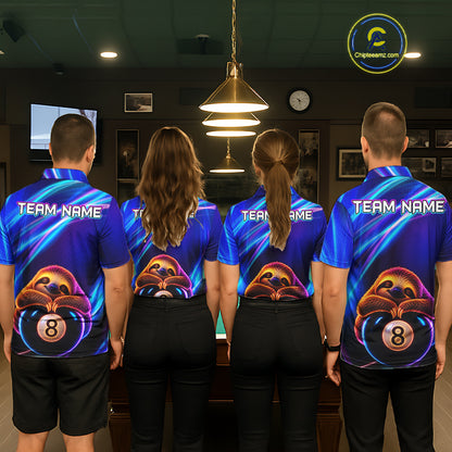 Men women billiard team wearing matching blue neon sloth jerseys for league events, symbolizing teamwork, fun, positive energy and sportsmanship.