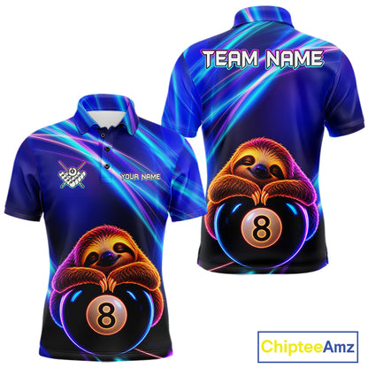 Men's funny billiard polo featuring blue neon sloth with glowing 8 ball graphics, personalized performance apparel for APA leagues, casual pool players, animal lovers and Father's Day gifts, symbolizing relaxation and positive energy.