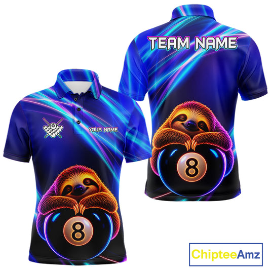 Men's funny billiard polo featuring blue neon sloth with glowing 8 ball graphics, personalized performance apparel for APA leagues, casual pool players, animal lovers and Father's Day gifts, symbolizing relaxation and positive energy.