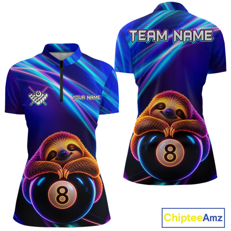 Women's quarter-zip billiard jersey with blue neon sloth and glowing 8 ball graphics, personalized team apparel for APA leagues, friendly tournaments and pool clubs.