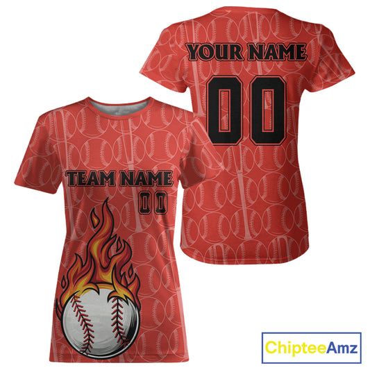 Custom Red Flames Baseball Ball T-Shirt For Women Personalized Youth Baseball Shirt NYN0899