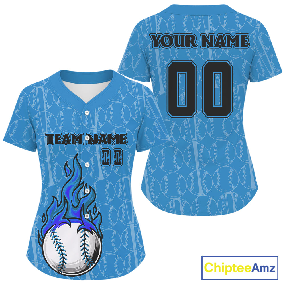 Custom Blue Flames Baseball Ball Jersey For Women Personalized Youth Baseball Shirt NYN0900