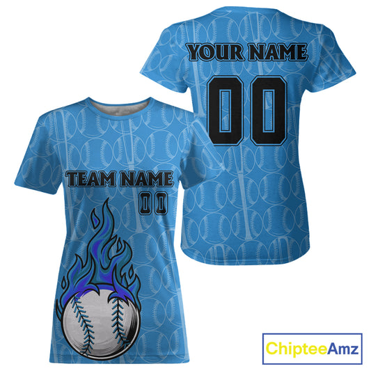 Custom Blue Flames Baseball Ball T-Shirt For Women Personalized Youth Baseball Shirt NYN0900