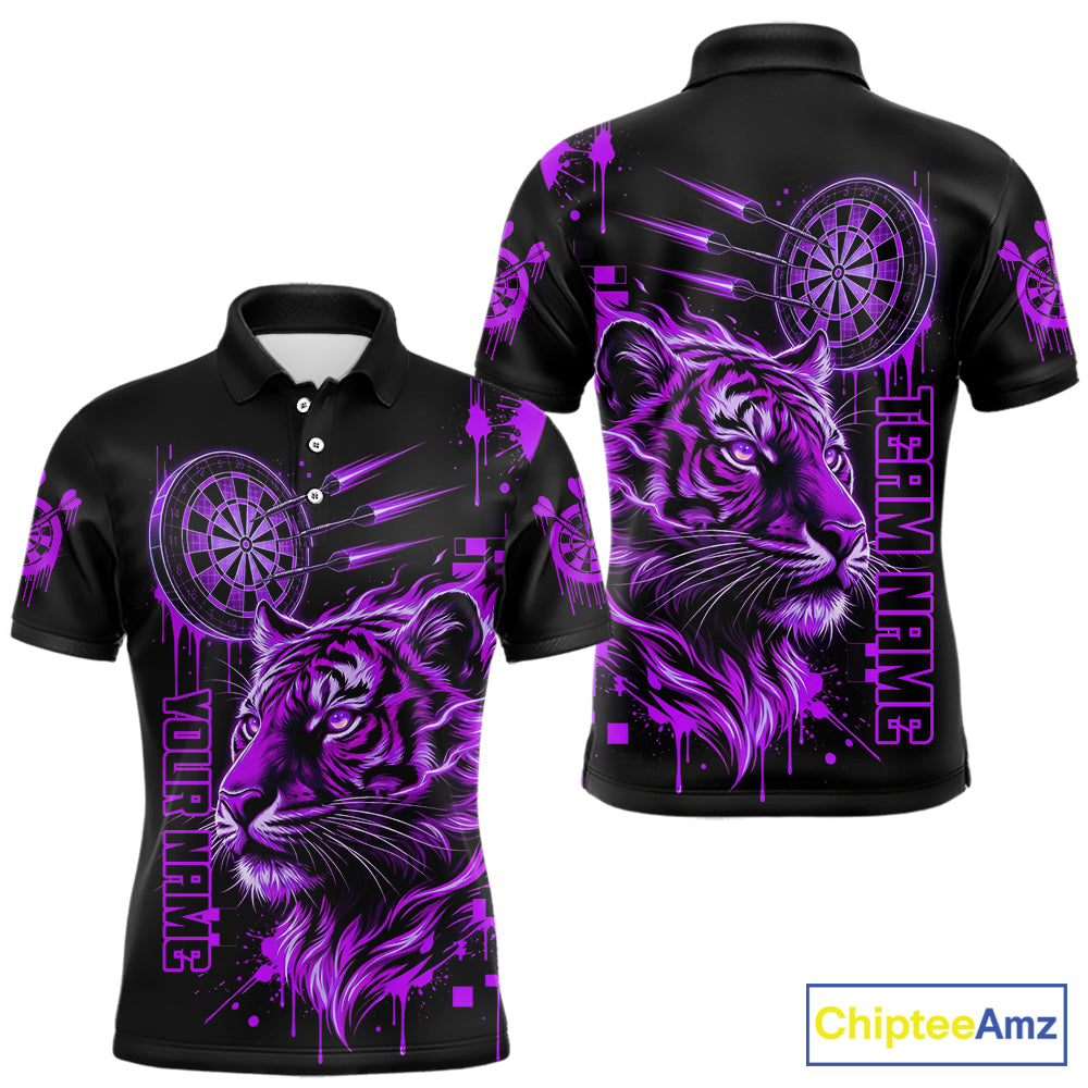 Purple Neon Tiger Lightning Dartboard Men Dart Polo Shirts Custom Name & Team Dart Jerseys NYN2099