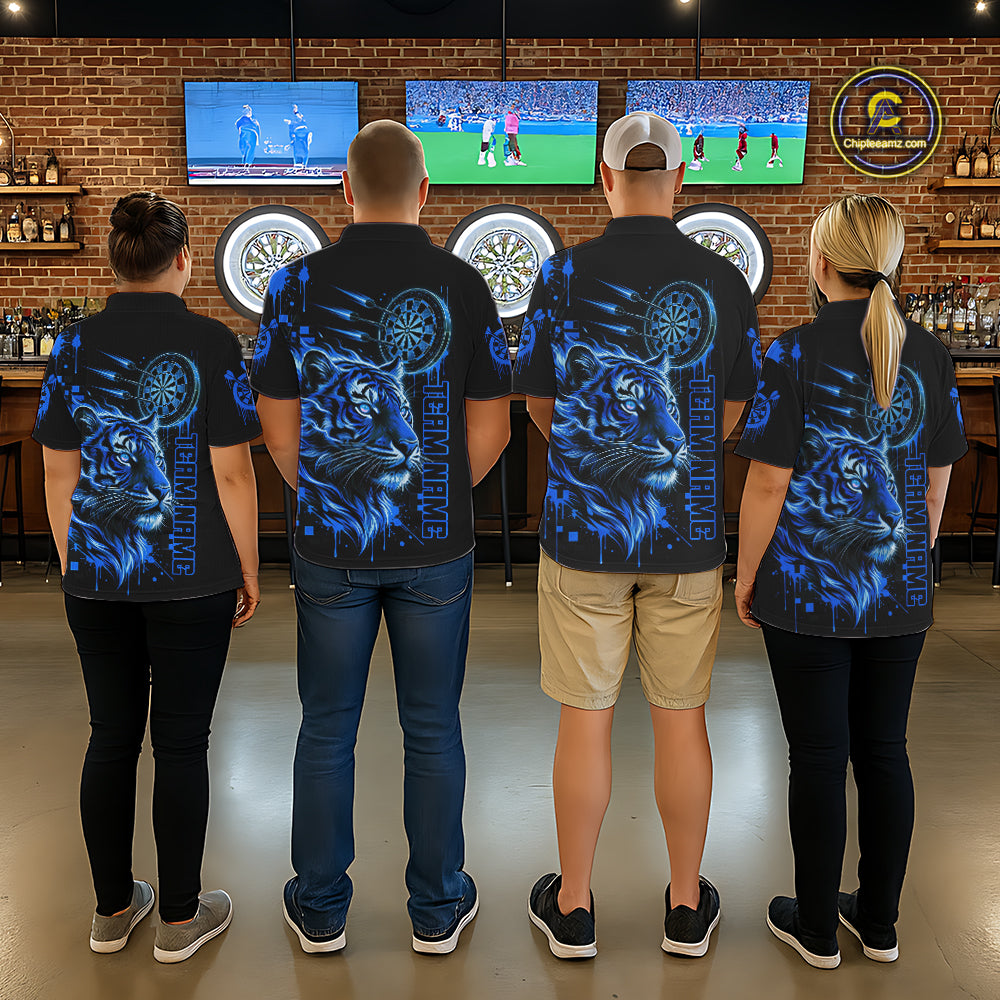 Blue Neon Tiger Lightning Dartboard Men Dart 1/4-Zip Shirts Custom Name & Team Dart Jerseys NYN2100