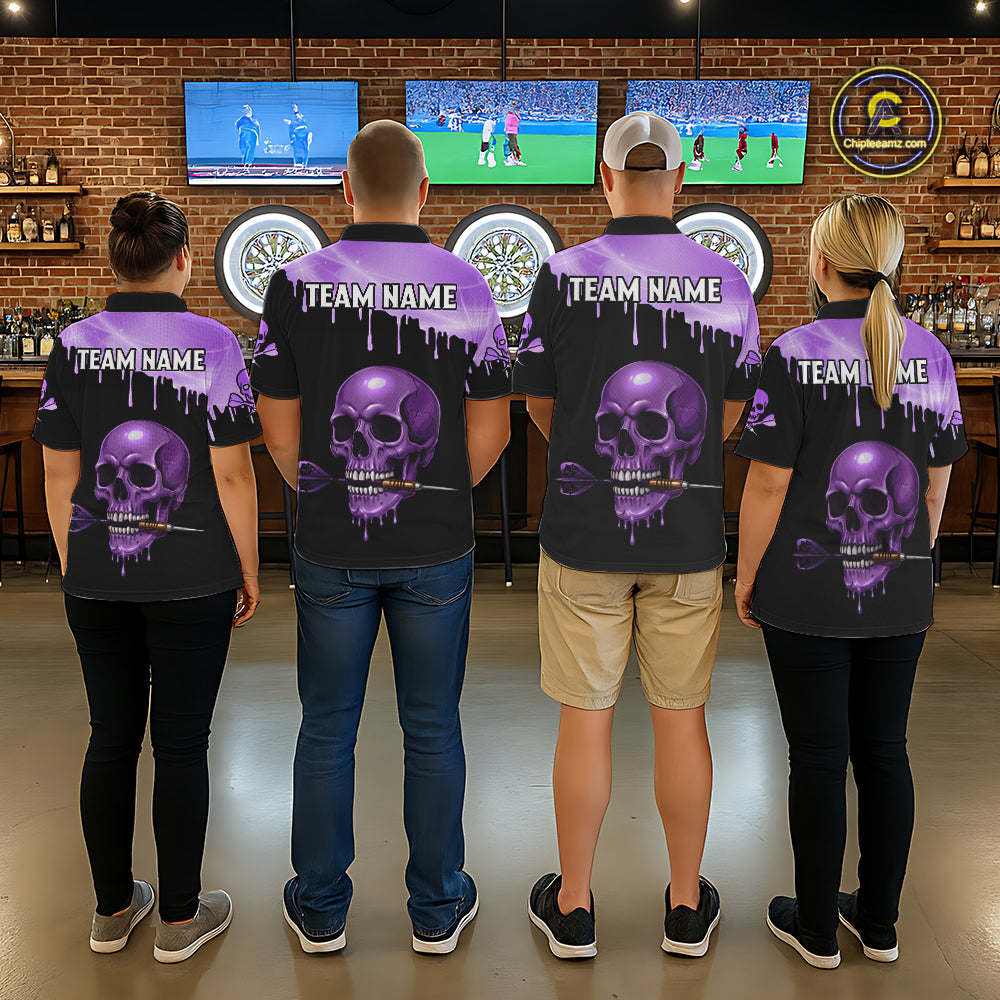 Custom Holographic Purple Skull Darts Shirt 1/4-Zip For Women Light Skull Dart League Jerseys NYN2109