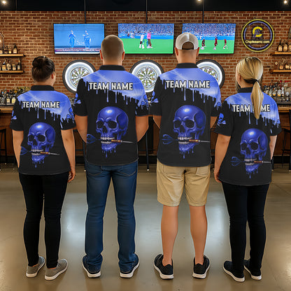 Custom Holographic Blue Skull Darts Shirt Polo For Men Light Skull Dart League Jerseys NYN2111