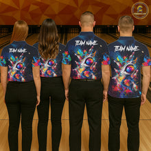 Load image into Gallery viewer, Men women bowling team wearing matching funny shark bowling jerseys during league tournaments, personalized team apparel representing friendship, humor, teamwork and championship spirit.