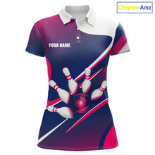 Load image into Gallery viewer, Women's bowling polo featuring white, blue and pink bowling ball and pins, personalized bowling shirt for league bowlers, women's bowling clubs, tournaments and stylish team uniforms, symbolizing friendship, positivity and teamwork.