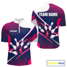 Load image into Gallery viewer, White, Blue And Pink Bowling Ball &amp; Pins Shirt For Men Custom Polo Quarter-Zip Bowling Team Jersey NYN3673