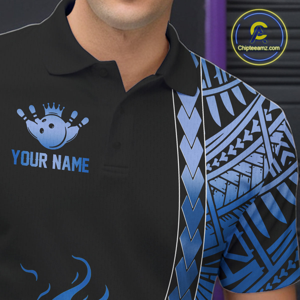 Male bowler in blue tribal bowling polo at championship event
