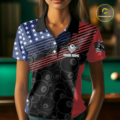 US Flag Pool 8 Ball Women's Billiard Polo & 1/4 Zip Shirt Custom Patriotic Billiard Attire NYN2362