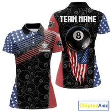 Load image into Gallery viewer, US Flag Pool 8 Ball Women's Billiard Polo &amp; 1/4 Zip Shirt Custom Patriotic Billiard Attire NYN2362
