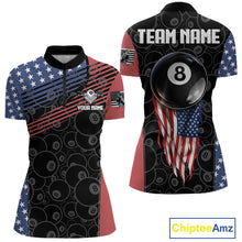 Load image into Gallery viewer, US Flag Pool 8 Ball Women's Billiard Polo &amp; 1/4 Zip Shirt Custom Patriotic Billiard Attire NYN2362