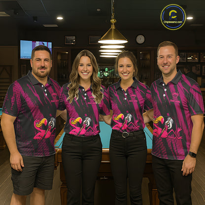 Funny Flamingo Pool Women's Billiard Team Shirts Custom Pink Grunge 8 Ball Billiard Attire NYN2363