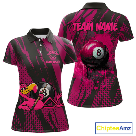 Funny Flamingo Pool Women's Billiard Team Shirts Custom Pink Grunge 8 Ball Billiard Attire NYN2363
