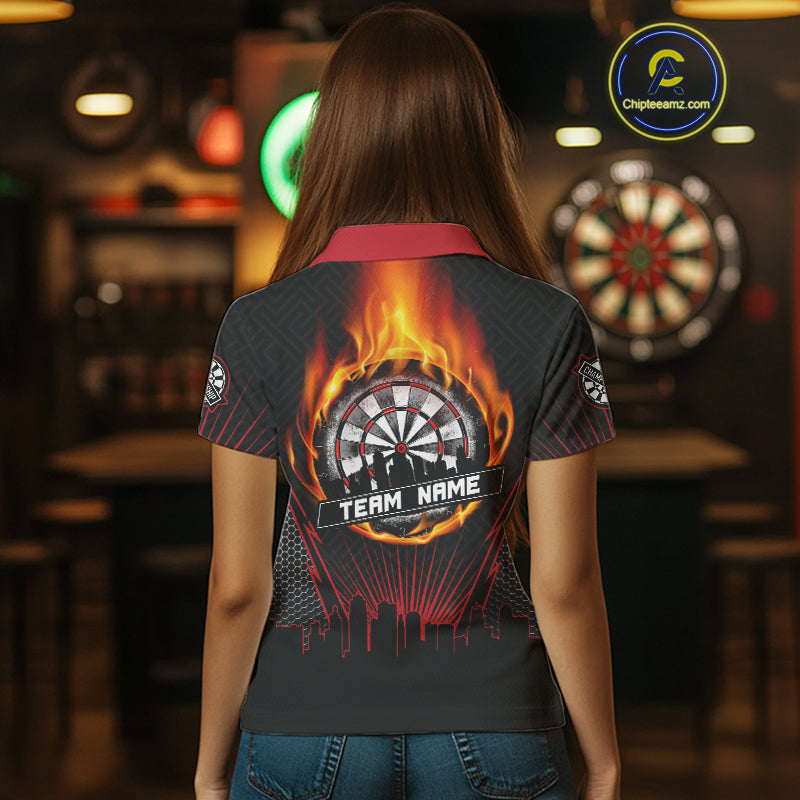Custom Black And Red Fire Flame Dartboard Dart Shirts For Women, Dart Tournament Jerseys NYN0071