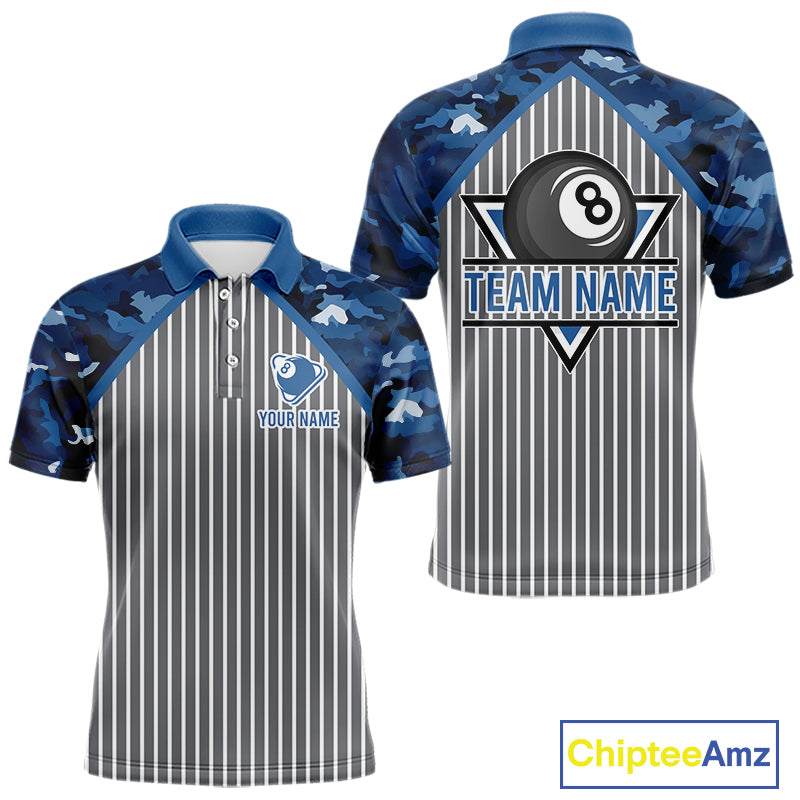 Blue Camouflage 8 Ball Pool Polo & 1/4-Zip Shirt Custom Billiard Shirts For Men Billiard Team Attire NYN2979