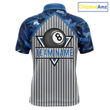 Load image into Gallery viewer, Blue Camouflage 8 Ball Pool Polo &amp; 1/4-Zip Shirt Custom Billiard Shirts For Men Billiard Team Attire NYN2979