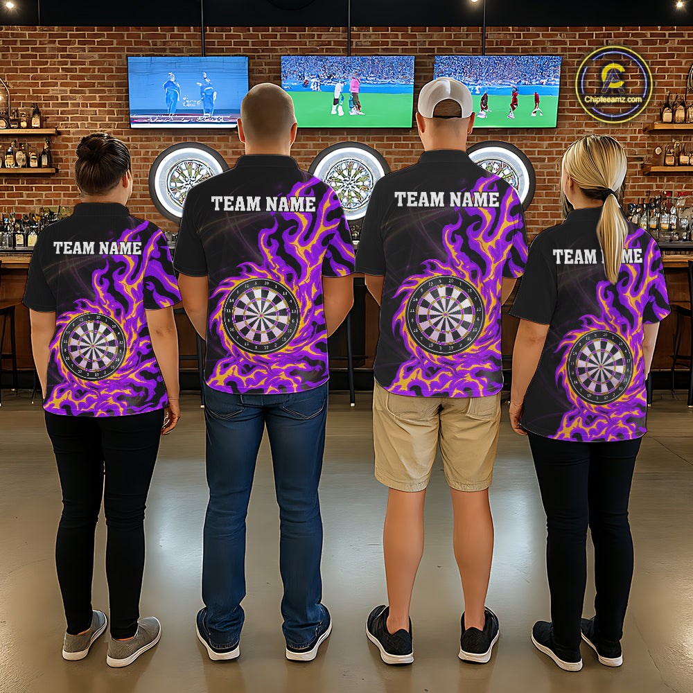 Purple & Yellow Flame Dartboard Darts Polo 1/4-Zip Shirt For Women Custom Fire Flame Dart Team Jersey NYN3939